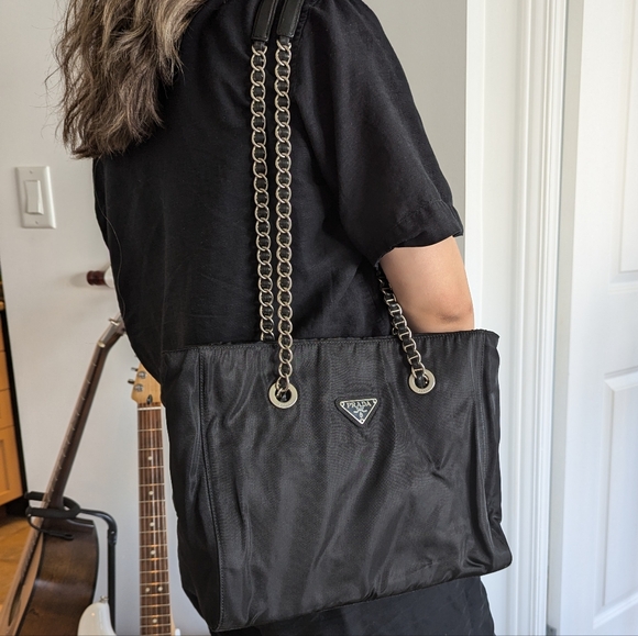 AUTHENTIC VINTAGE Prada Tessuto Chain Bag - Black w/ Silver Hardware - Picture 1 of 17